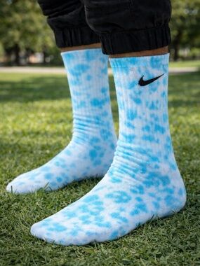 Custom Tie Dye Nike Socks Ice Blue Streetwear Crew Unisex 8-12